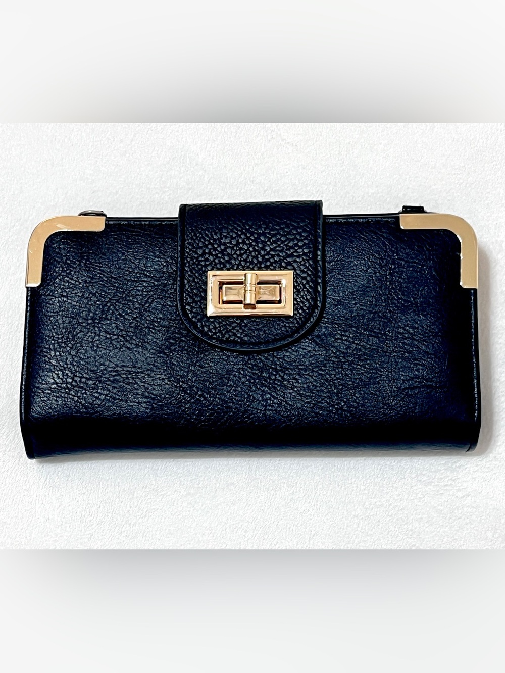 Alba Black Pebbled Leather Turn Lock Crossbody Wallet Clutch Phone Pouch